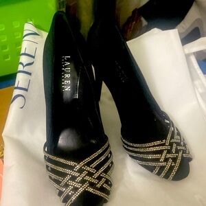 RALPH LAUREN Shoes/Heels Rhinestones. Black Satin. Perfect condition, like New!